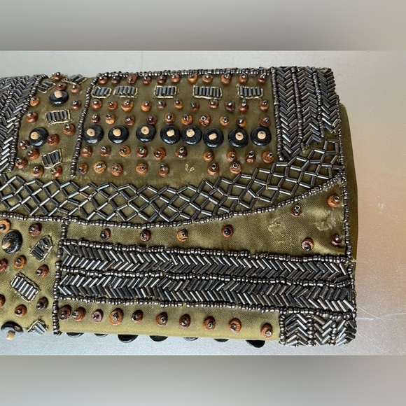 KC Malhan Brown Beaded Small Clutch Made in India Cotton Lined Twill Fabric - Picture 2 of 8